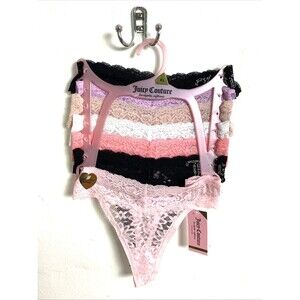 Juicy Couture Floral Lace Thong Size XL Crystal Rhinestone Trim 7 Pack Pink